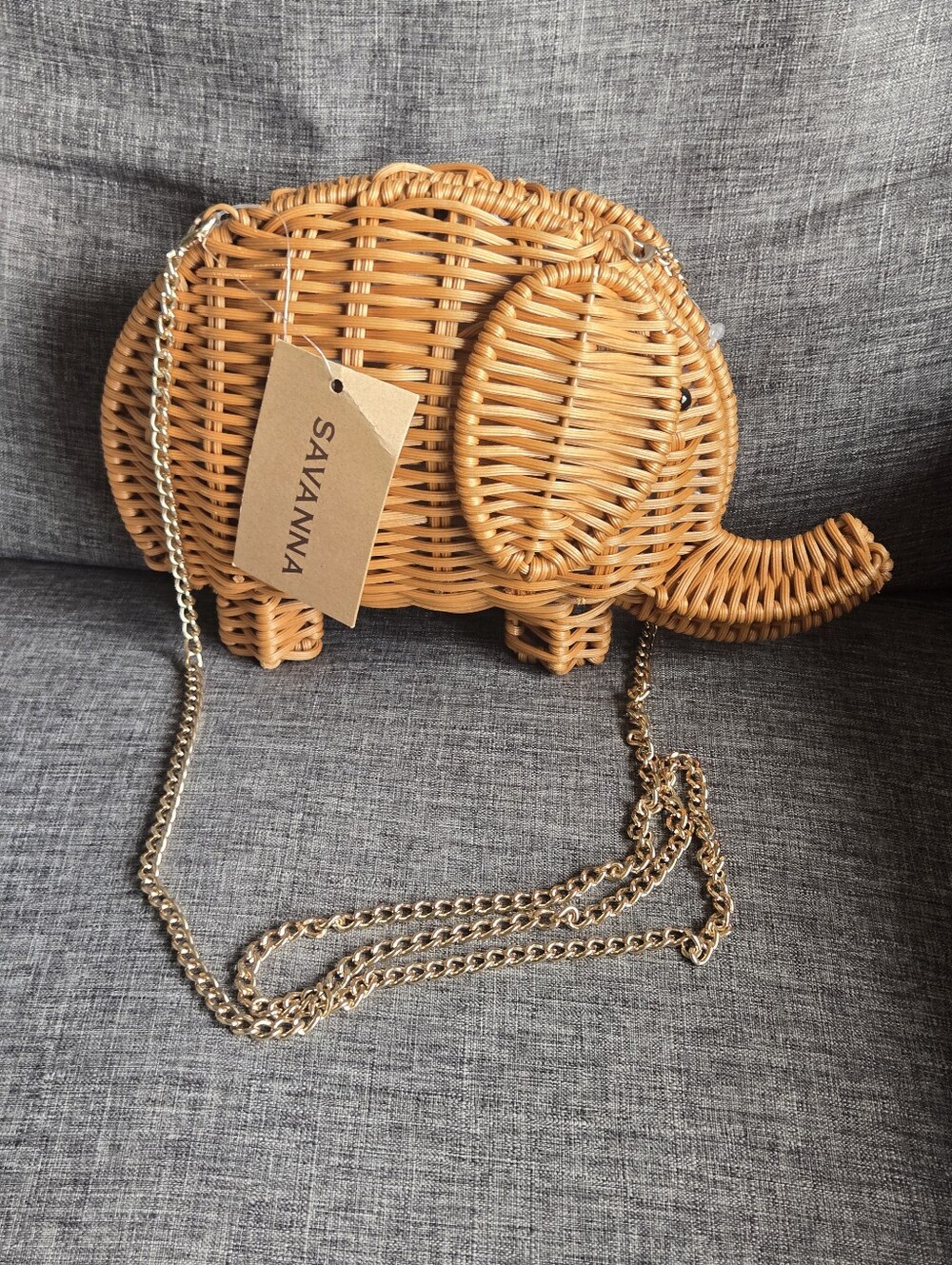 Savanna Tan Wicker Elephant Crossbody with Gold Chain
